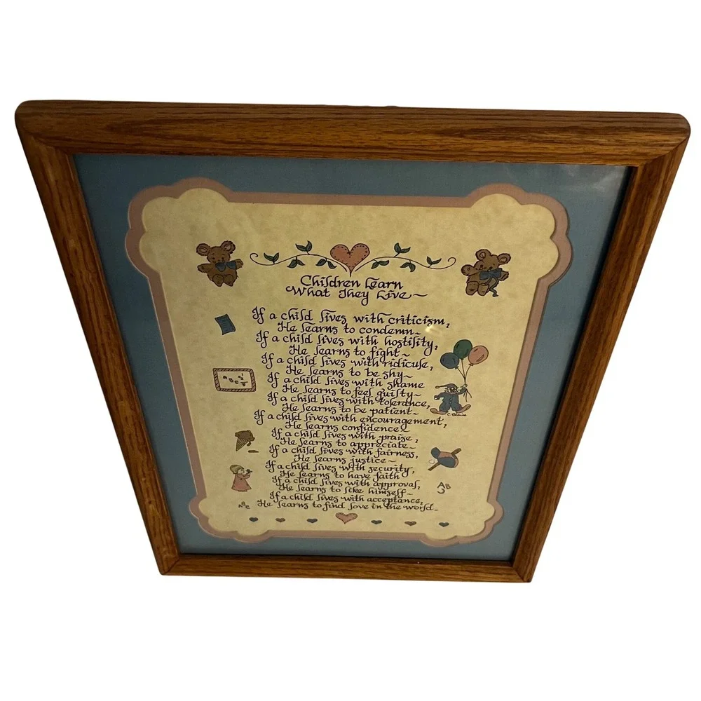 Vintage Children Learn What They Live Framed Calligraphy Poem C Blaine 1980s